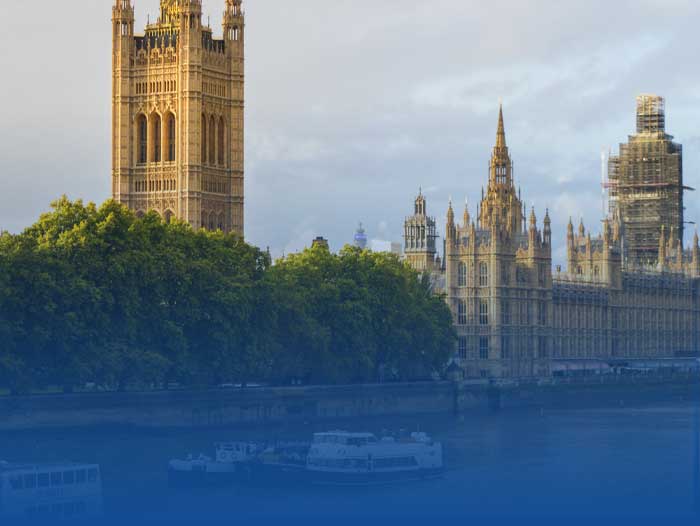 A view of Westminster and The Houses of Parliament. Vanmark contacts governmental bodies as part of the funeral plans.